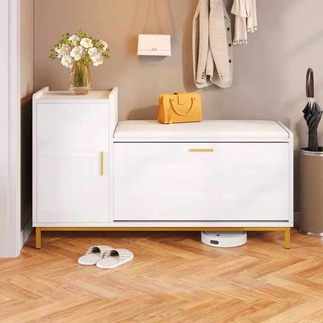 Scarpiera con seduta 100 x 38 x 68 cm, bianco e oro, con 2 ripiani, 1 vano e finitura lucida