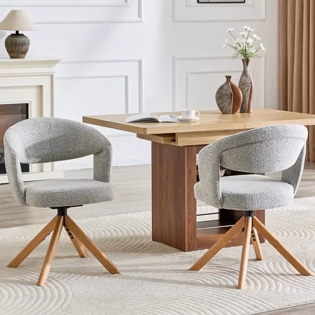 Set di 2 sedie da pranzo girevoli MIVRAY in tessuto grigio chiaro con gambe in legno e schienale curvo L: 49 cm, P: 47,5 cm, H: 81,5 cm