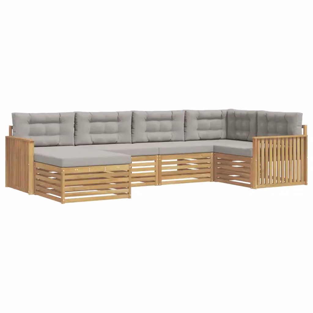 Set di divani da esterno a L vidaXL in legno di acacia con pouf e cuscini, Bianco e Grigio – 2