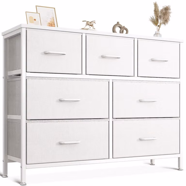 Comodino con 7 cassetti, bianco, 7 scomparti, ideale per la camera da letto