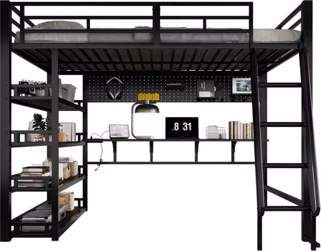 Letto a soppalco REDOM con ripiani laterali e porta USB in metallo e legno nero L/P: 140 x 200 cm – 1