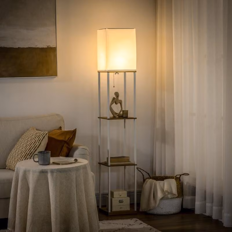 Lampada da terra Moonbite, altezza 159 cm, con 3 ripiani, paralume in tessuto, forma a colonna, interruttore a tirante, attacco E27, realizzata in pannello MDF e metallo, colore bianco