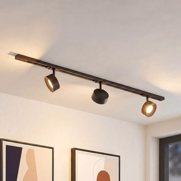 Sistema di binari Lindby Linaro, Ø 9,5 cm, a 3 luci, LED, nero Linaro, Nero, Studio / Ufficio, Alluminio, Moderno