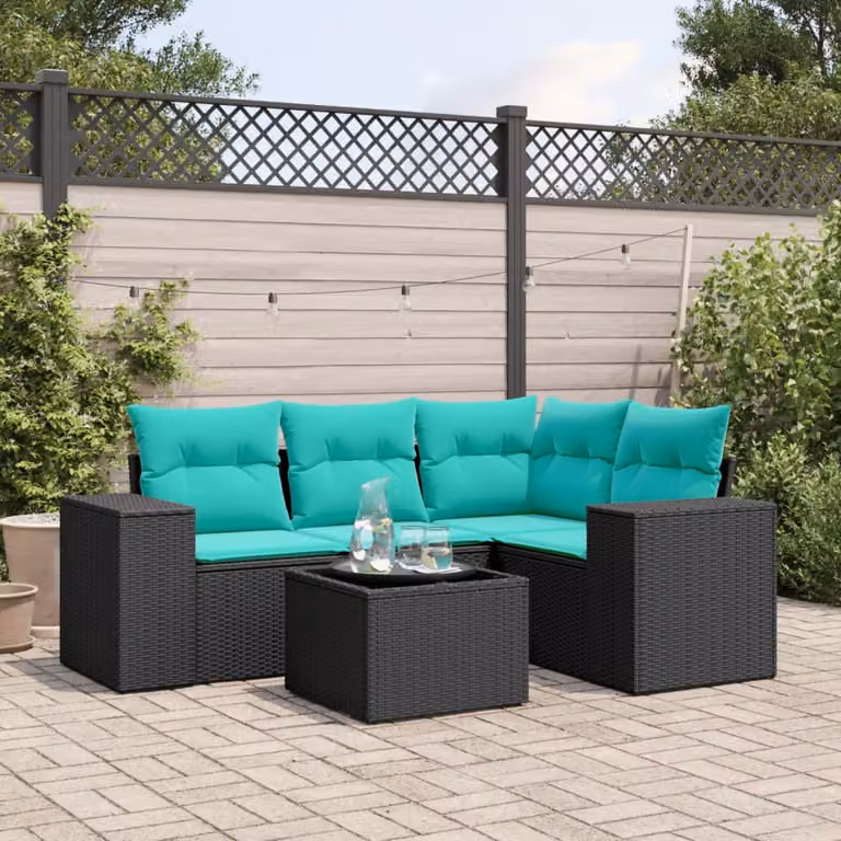 Set Divani da Giardino vidaXL in Polyrattan Nero con Cuscini e Tavolino da Esterno a Forma di L