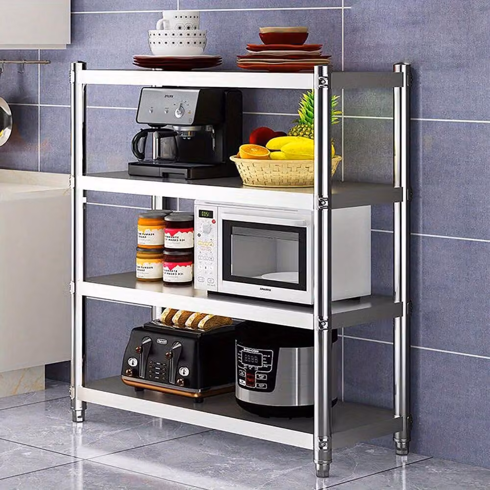 Scaffale portaoggetti in acciaio inossidabile con 4 livelli, ideale per cucine di ristoranti, servizi di catering e stoccaggio professionale