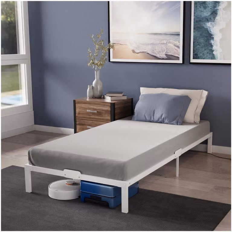 Struttura del letto in metallo, dimensioni 90x190 cm, colore bianco, altezza 35 cm, con rete a doghe