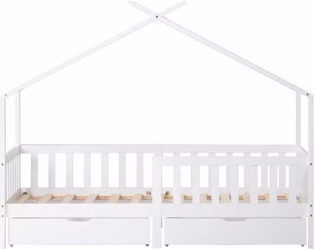 Letto a forma di casetta per bambini con 2 cassetti, struttura in legno massiccio di pino bianco, rete a doghe, protezioni anticaduta, 200x90 cm