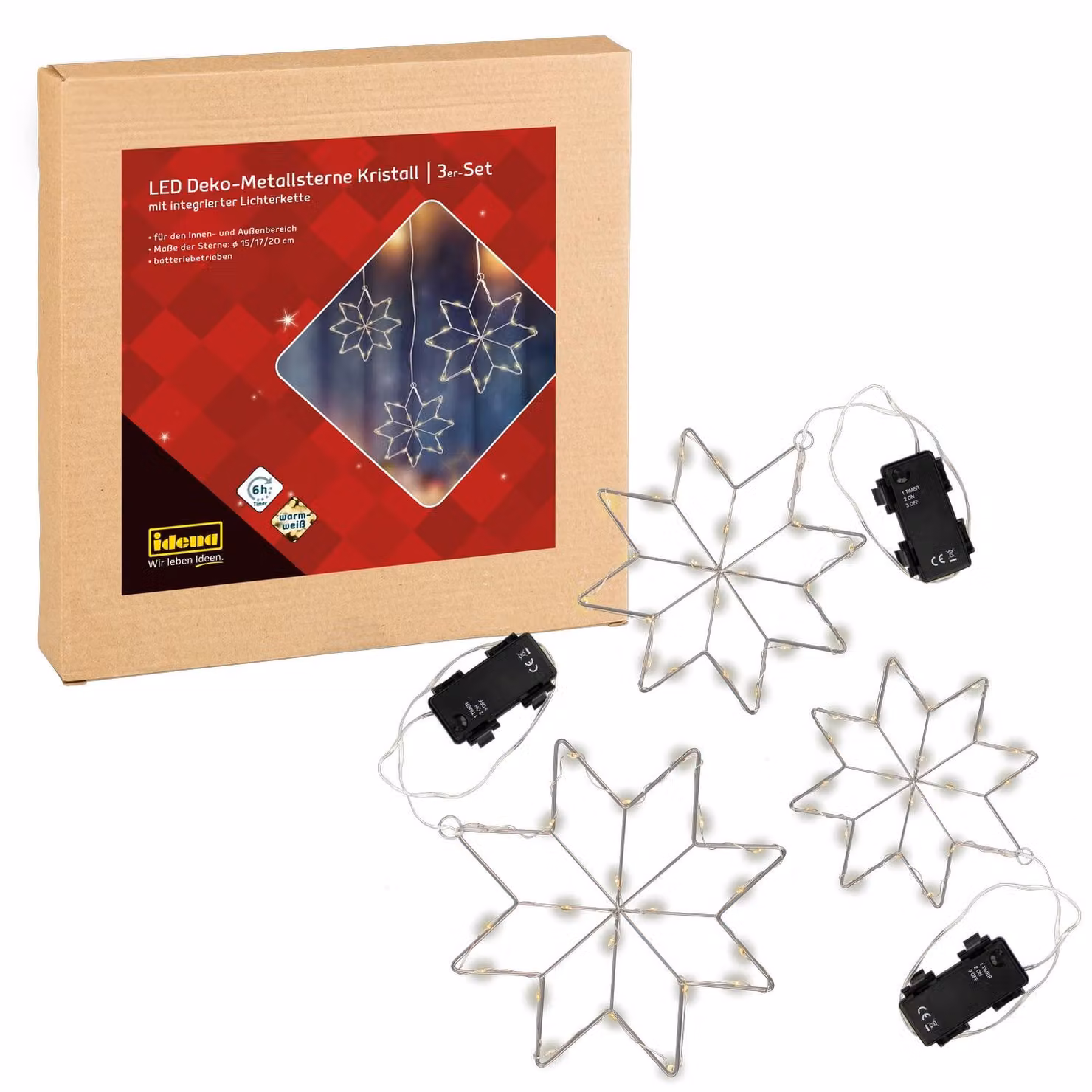 Set di stelle decorative a LED, 3 pezzi, luce bianco caldo, con timer, dimensioni 15-20 cm