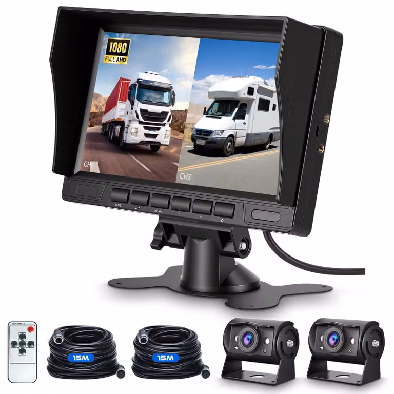 Kit di due telecamere per la retromarcia - Monitor da 7 pollici - Risoluzione HD 1080p - Visione notturna