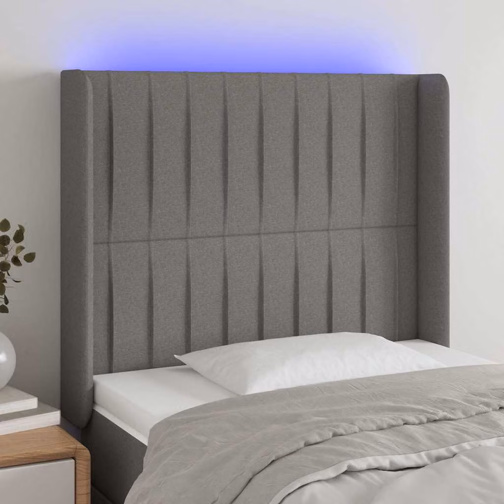 Testiera per letto con illuminazione LED e porta di ricarica USB vidaXL in tessuto grigio, L: 103 cm, P: 16 cm, H: 118/128 cm