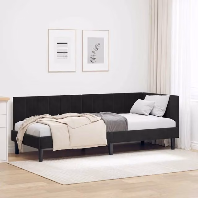 Cornice del letto ad angolo vidaXL in velluto nero con struttura in legno e doghe fisse L: 200 cm, P: 80 cm, H: 204 cm
