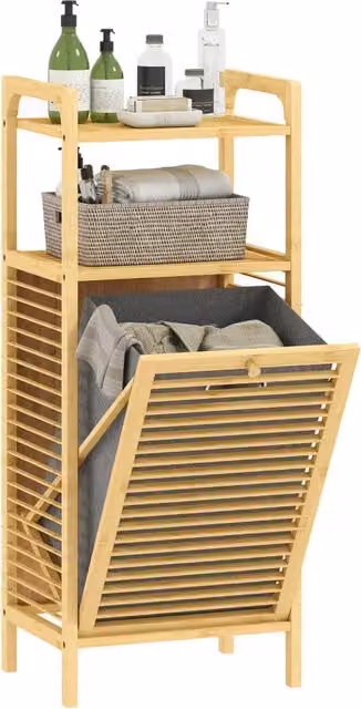 Mobile bagno salvaspazio Xylo in bambù con 2 ripiani e cestello estraibile, colore beige, L 40 cm x P 30 cm x H 95 cm