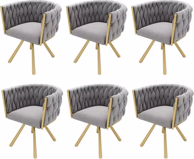 Set da 6 sedie da pranzo in velluto grigio con struttura in metallo dorato e seduta girevole