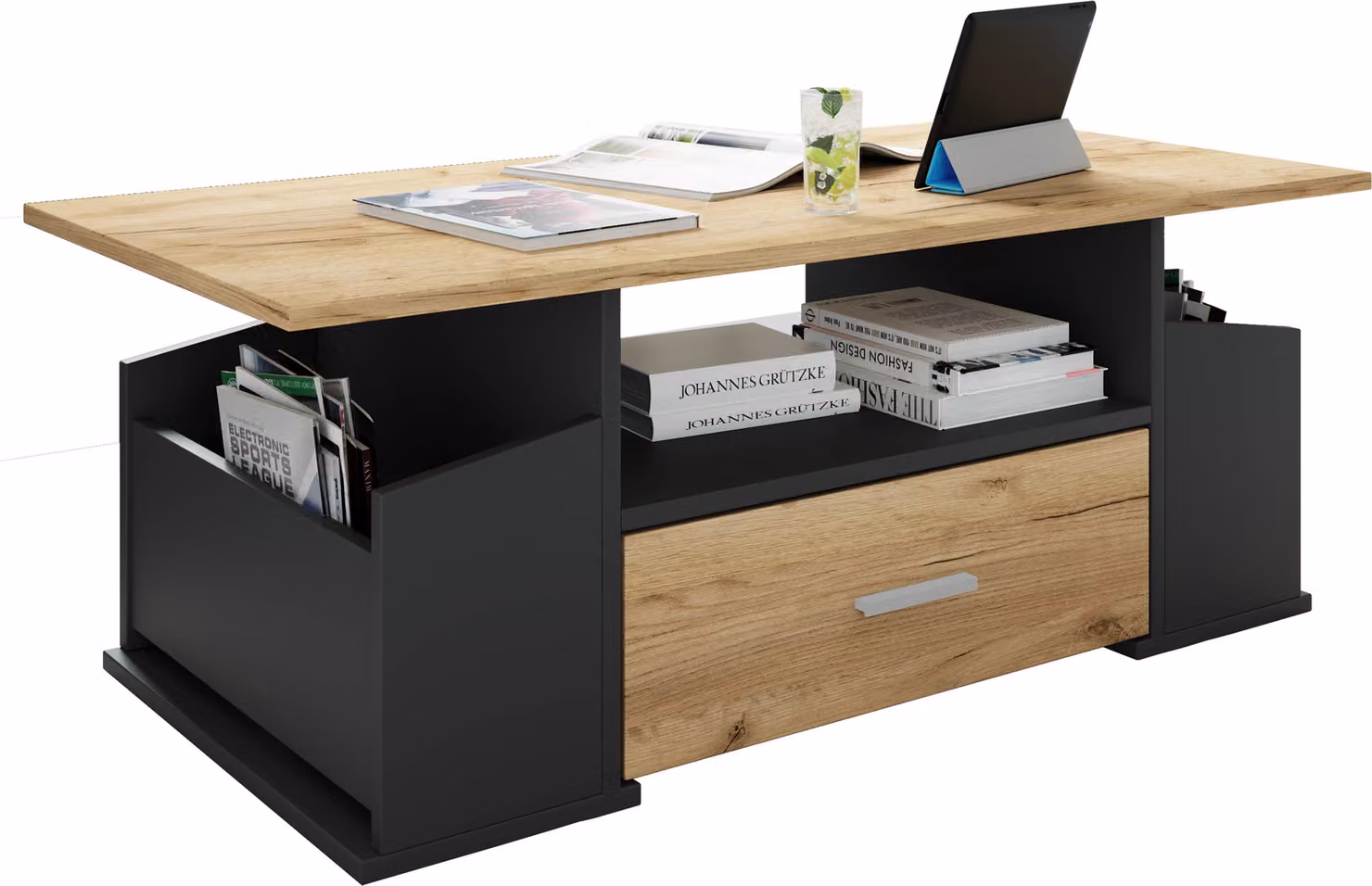 Tavolino in legno con spazio di archiviazione sufficiente | Dimensioni ca. H. 44 x W. 110 x D. 52 cm | Tavolo soggiorno con cassetto - Junata