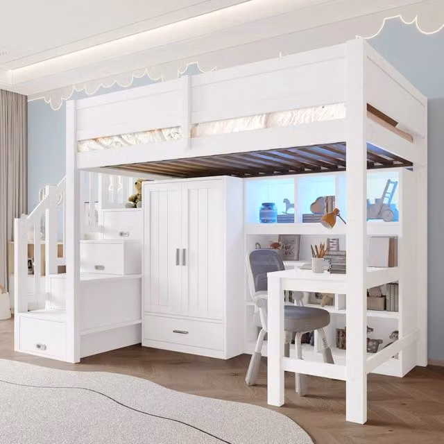 Letto a soppalco singolo MIVRAY in legno bianco con scrivania, armadio, scaffali, scala contenitore e illuminazione LED, L/P/H: 200 x 90 x 170 cm