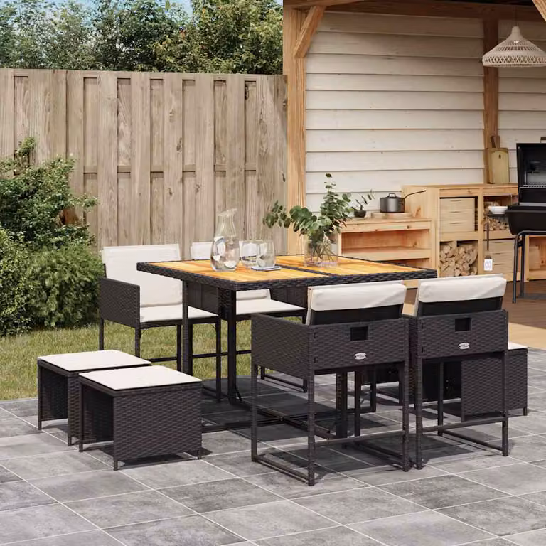 Set da pranzo da giardino vidaXL in polyrattan e legno di acacia con 9 pezzi e cuscini nero