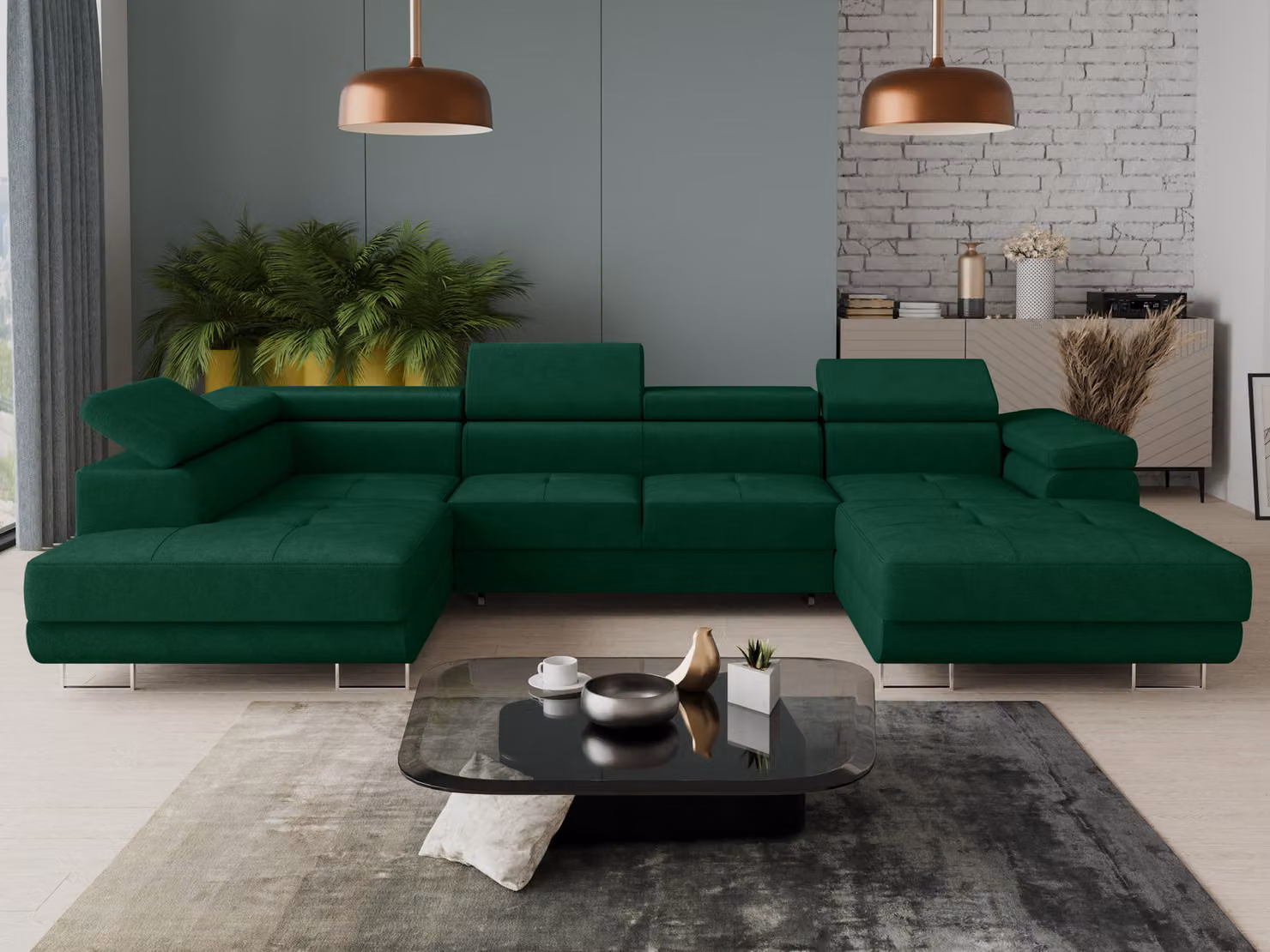 Set di divani Caris U con funzione letto e poggiatesta regolabili, divano ad angolo con due contenitori, divanetto, divano, divano letto (verde (Kronos 19), divano ad angolo a destra)