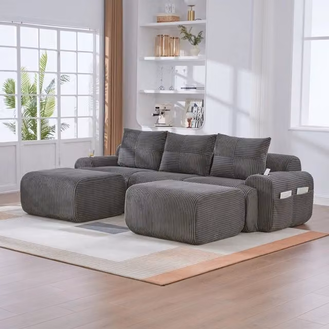 Divano modulare Wisdom 3 posti in tessuto corduroy con portabicchieri, tasca laterale e 2 pouf, colore grigio scuro, L: 268 cm, P: 66 cm, H: 66 cm