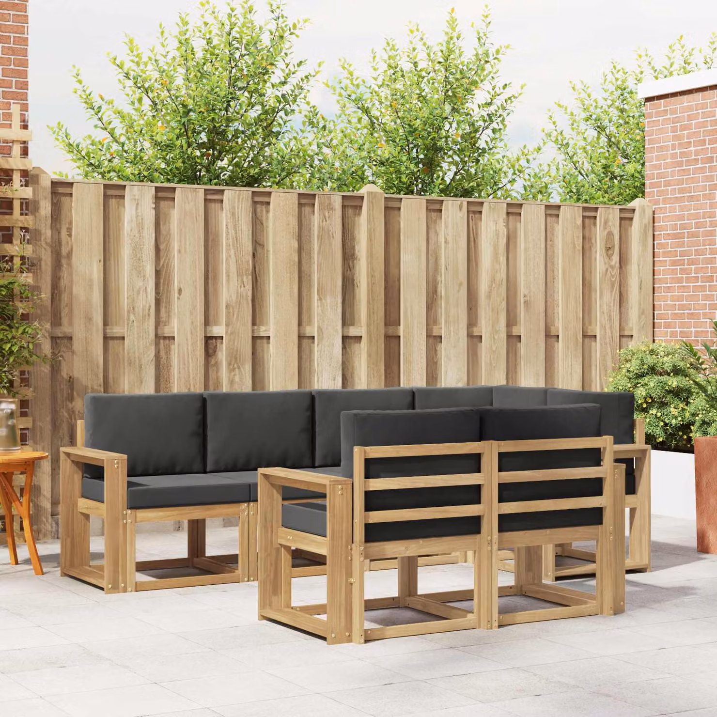 Set di divani da esterno vidaXL a forma di L composto da 7 pezzi in legno di acacia con cuscini in poliestere bianco e antracite