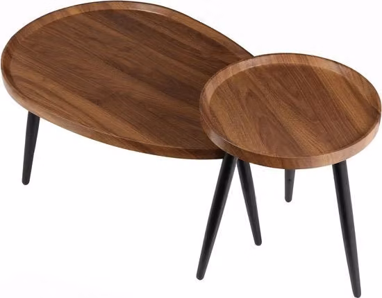 Set di 2 tavolini da salotto rotondi Druppel in legno noce con base in vetro nero