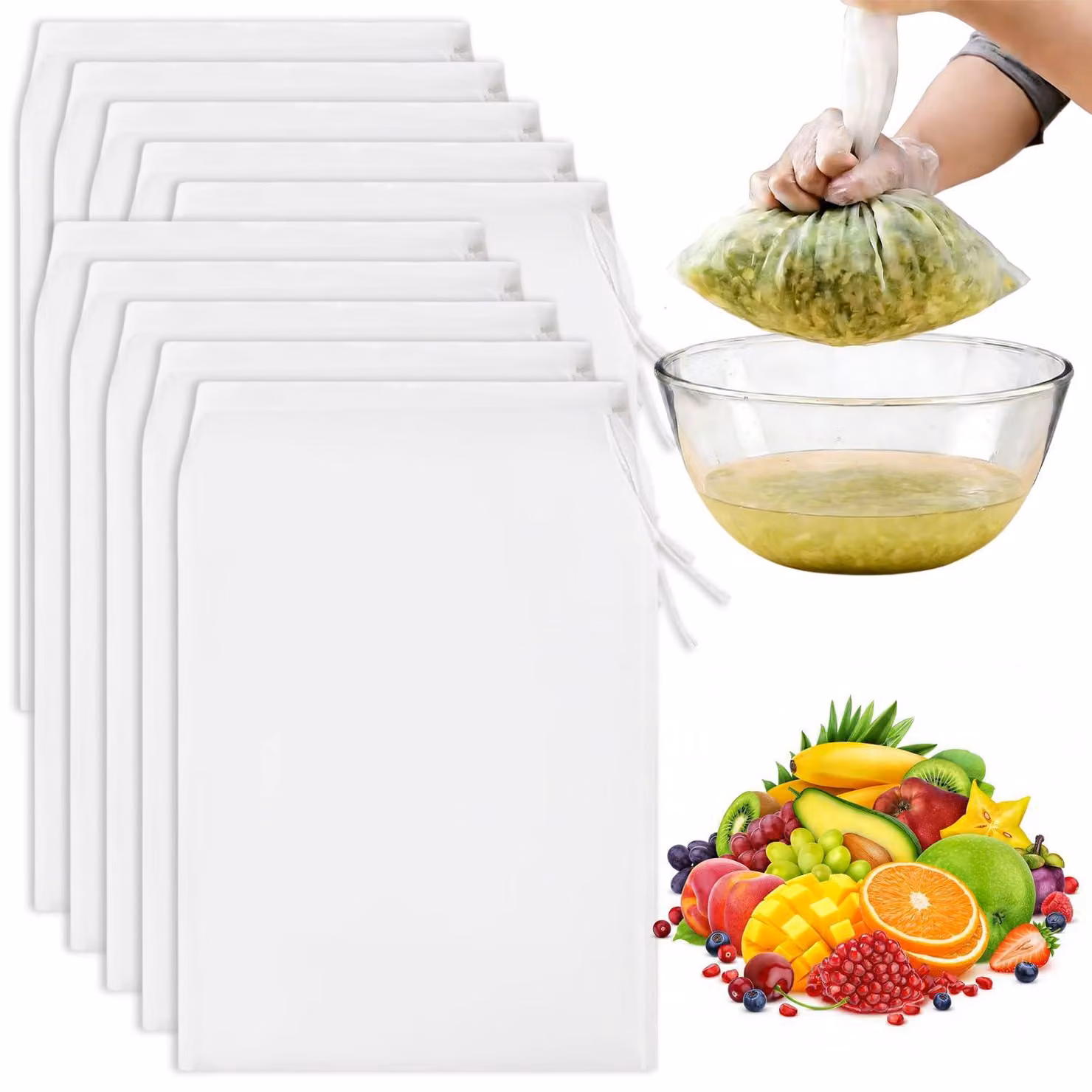 Sacchetti per Bevanda alle noci, confezione da 10 pezzi, 20x30 cm, in nylon, riutilizzabili, sacchetti filtro