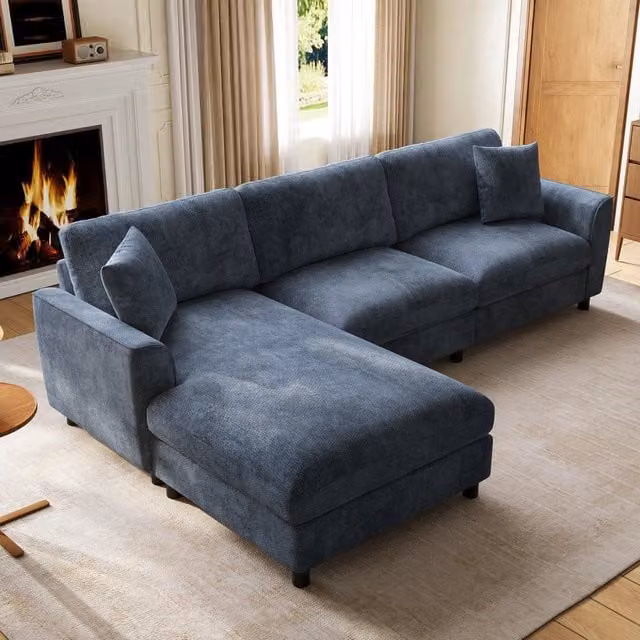 Divano angolare effetto nuvola 3 posti 256x137x79 cm; modulare convertibile; grande chaise longue; superficie letto 90 cm; ciniglia; blu navy