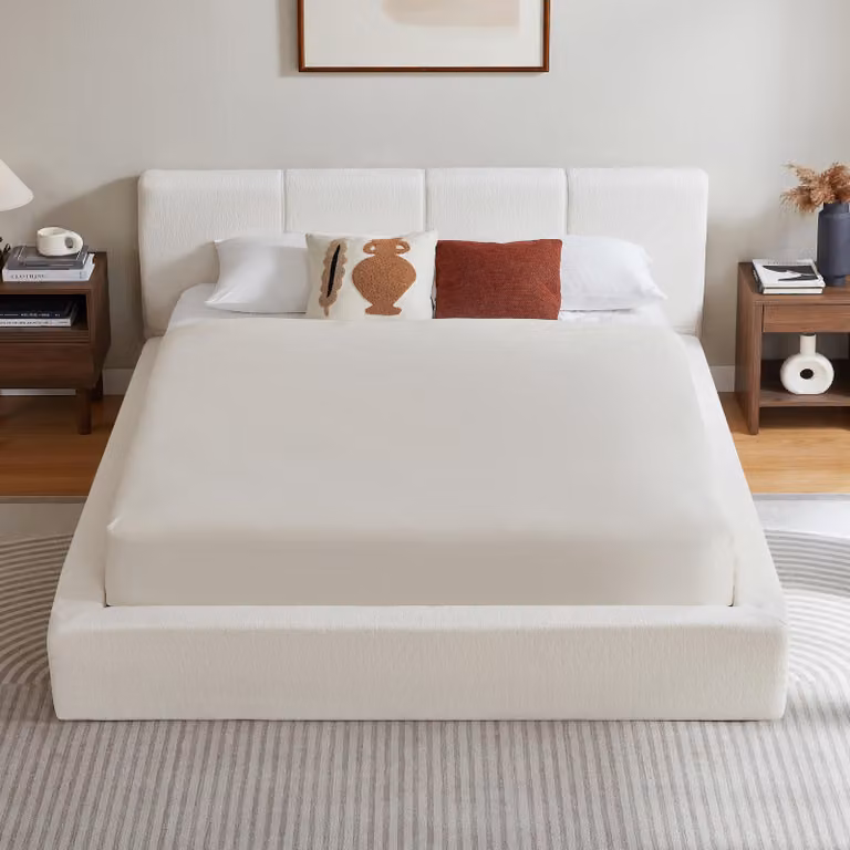 Letto imbottito 160x200 cm con testiera imbottita, struttura in acciaio rinforzata e sistema di supporto, senza rete a molle, facile da montare