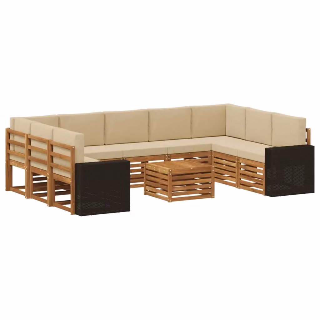 Set di divani da esterno vidaXL a forma di L con tavolo da caffè, in legno di acacia e tessuto beige e marrone resistente ai raggi UV, composto da 10 pezzi – 2