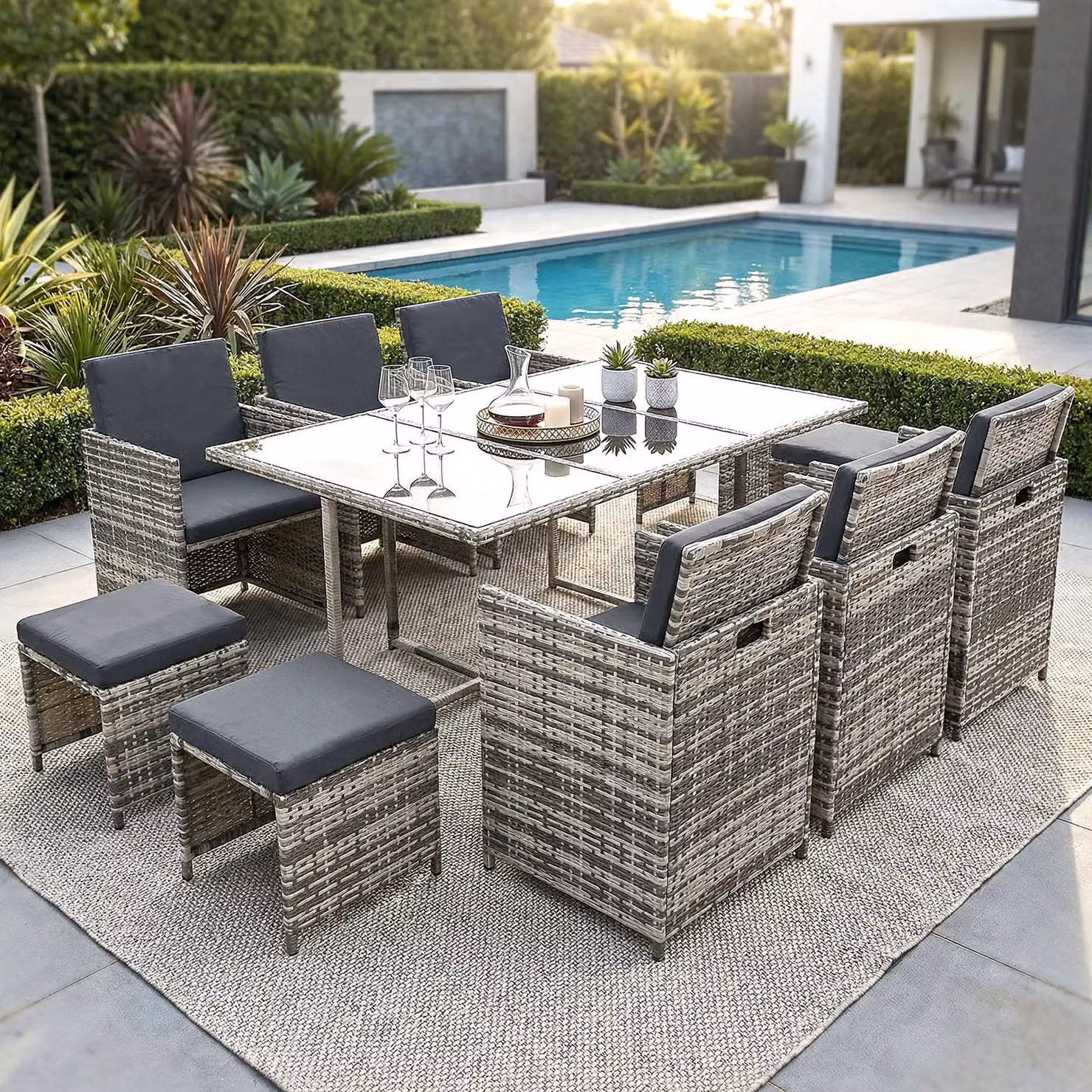 Gruppo di sedute in poly rattan tavolo da pranzo salotto mobili da giardino set di sedute da 11 pezzi 1x tavolo + 6x sedie + 4x sgabelli - grigio