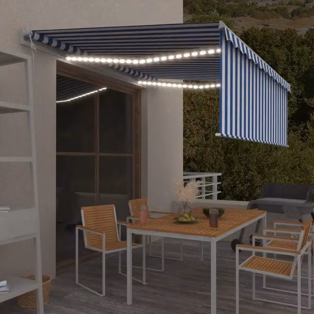 Tenda Automatica Parasole Sensore Vento LED 4x3m Blu Bianca 3069311