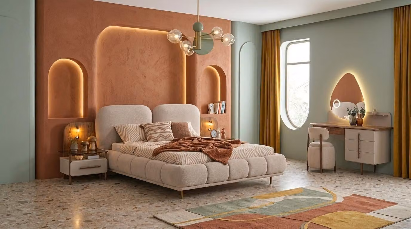 Bett 2x Nachttische Schminktisch Pouf weich Stil modern beige bequem