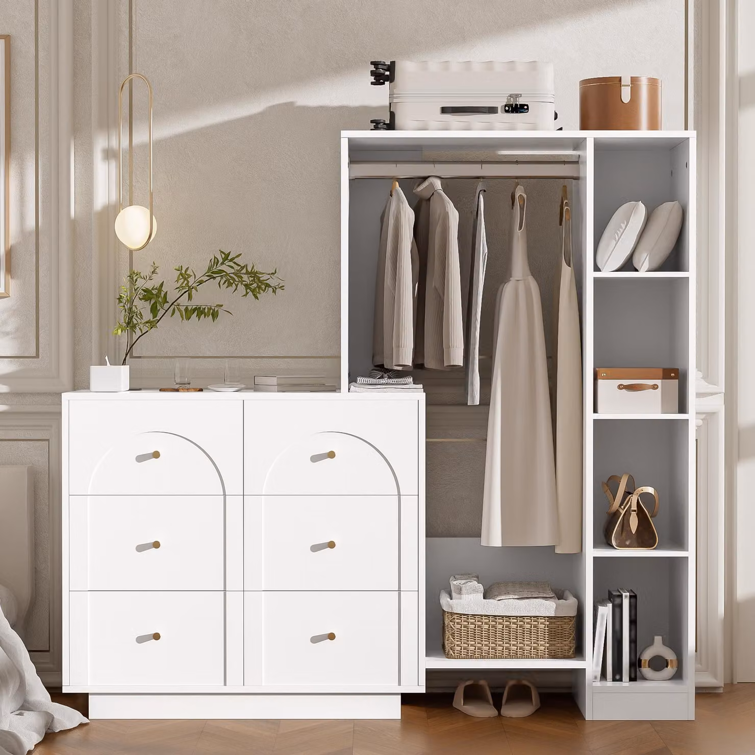 Armadio 139x35x133 cm, colore bianco, realizzato in pannello di particelle di legno al 100%, con struttura in metallo, dotato di asta appendiabiti e 6 cassetti, ideale per la camera da letto