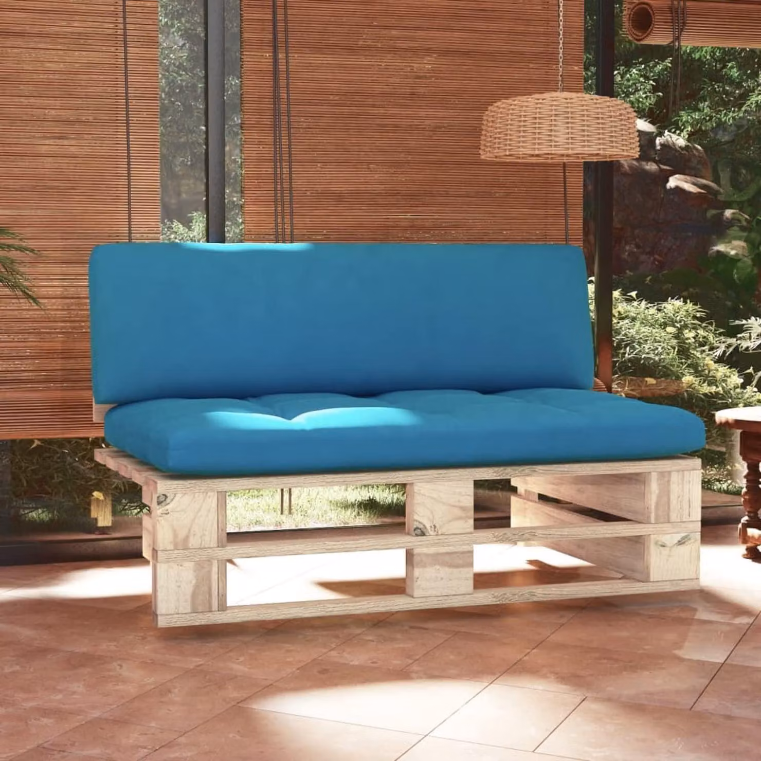 Panca da giardino con cuscino, realizzata in legno di pino impregnato, adatta sia per interni che per esterni