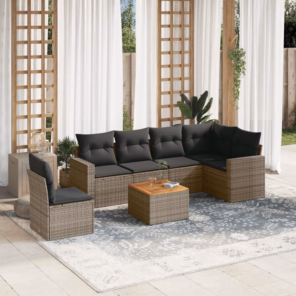 vidaXL Set Divani da Giardino 7 pz a Forma a L in Polyrattan Grigio con Cuscini e Tavolino – 1