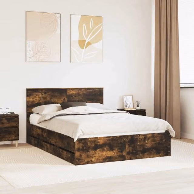 Struttura del letto con cassetto-Giroletto con contenitore-Rete del Letto Rovere fum¨¦ 135 x 190 cm 603476