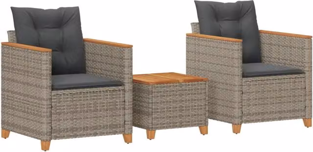 Set da Bistrò 3 Pezzi con Cuscini Grigio in Polyrattan e Legno di Acacia per Giardino e Terrazzo – 1
