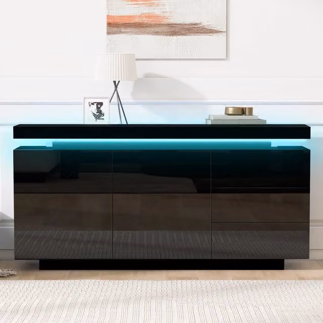 Sideboard REDOM moderno in nero lucido con illuminazione LED integrata, 2 ante e 3 cassetti, L: 140 cm, P: 35 cm, H: 72,5 cm – 1