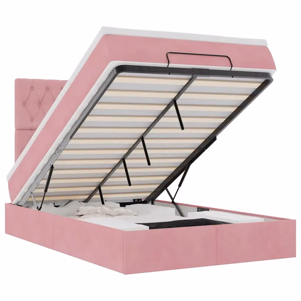 Letto con contenitore a sollevamento vidaXL in velluto rosa e bianco con materasso, L/P/H: 200 x 120 x 28 cm – 2