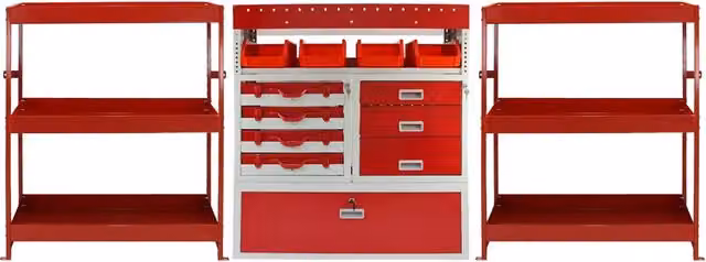 Pacchetto Flame di MONSTER SHOP per furgone con 1 scaffale con cassetti chiudibili e 2 scaffali con mensole, colore rosso