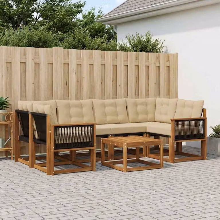 Set di divani da esterno vidaXL 7 pz a forma di L in legno di acacia e textilene beige con tavolo da caffè e cuscini inclusi