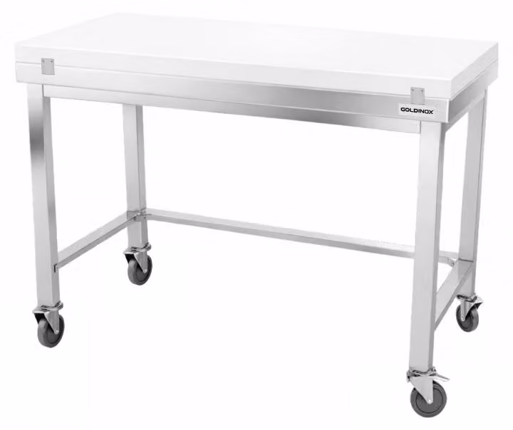 Tavolo da lavoro in acciaio inossidabile, dimensioni 1600x600 mm, con piano di taglio bianco e struttura rinforzata su ruote, modello PREMIUM - GOLDINOX