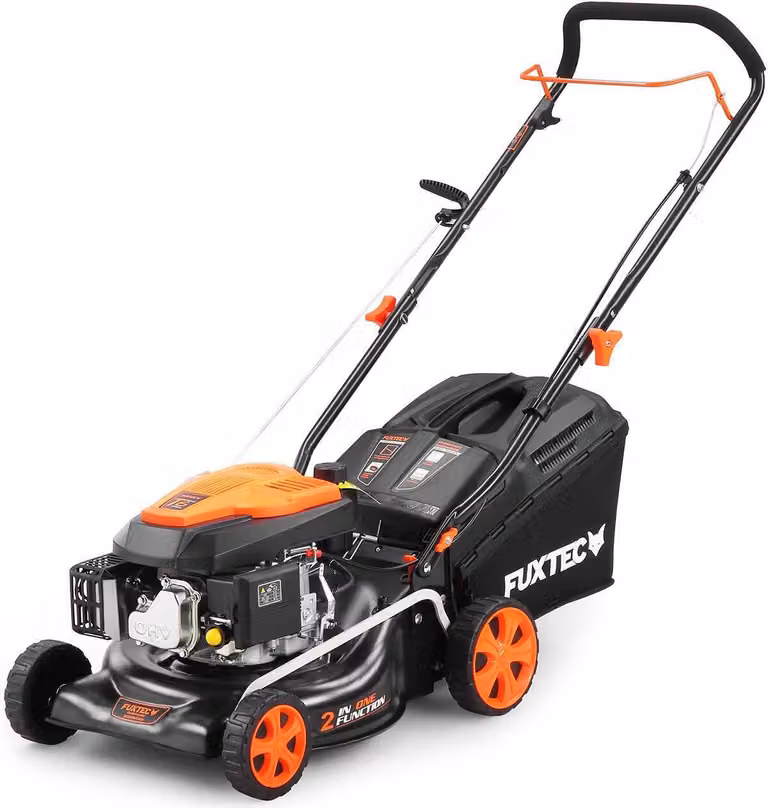 FUXTEC tagliaerba a scoppio RM4346Eco, motore 4 tempi 146cc, larghezza taglio 43cm, cesto raccolta 40L, altezza taglio regolabile 7 livelli leggero e maneggevole per piccoli giardini