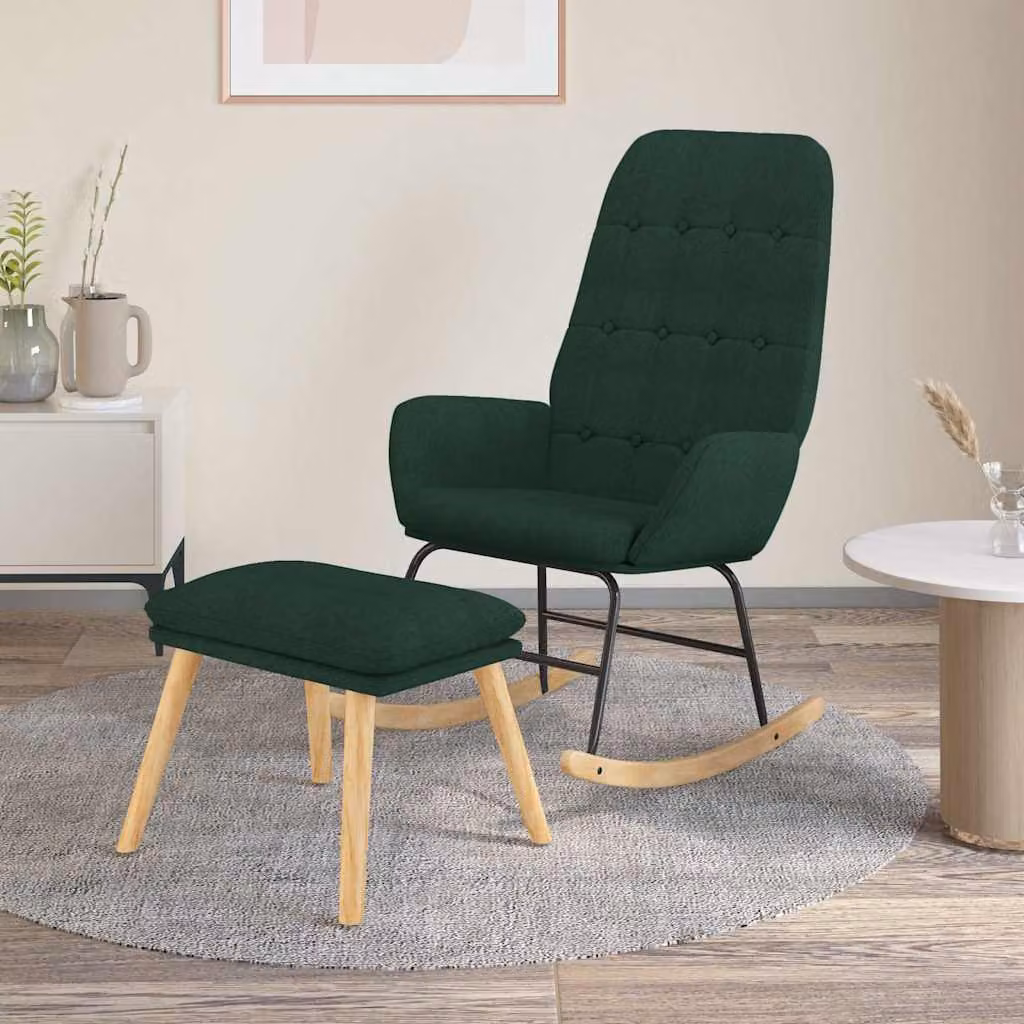 vidaXL Poltrona a Dondolo con Poggiapiedi in Tessuto Grigio e Verde con Braccioli e Struttura in Legno e Metallo