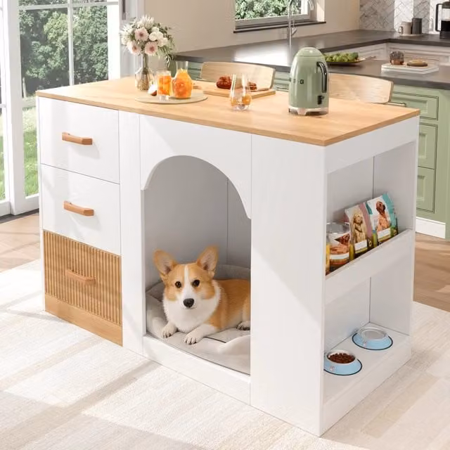 Mobile da cucina moderno con area per animali, 3 cassetti e ripiani laterali in MDF bianco effetto legno L/P/H: 120 x 60 x 90 cm