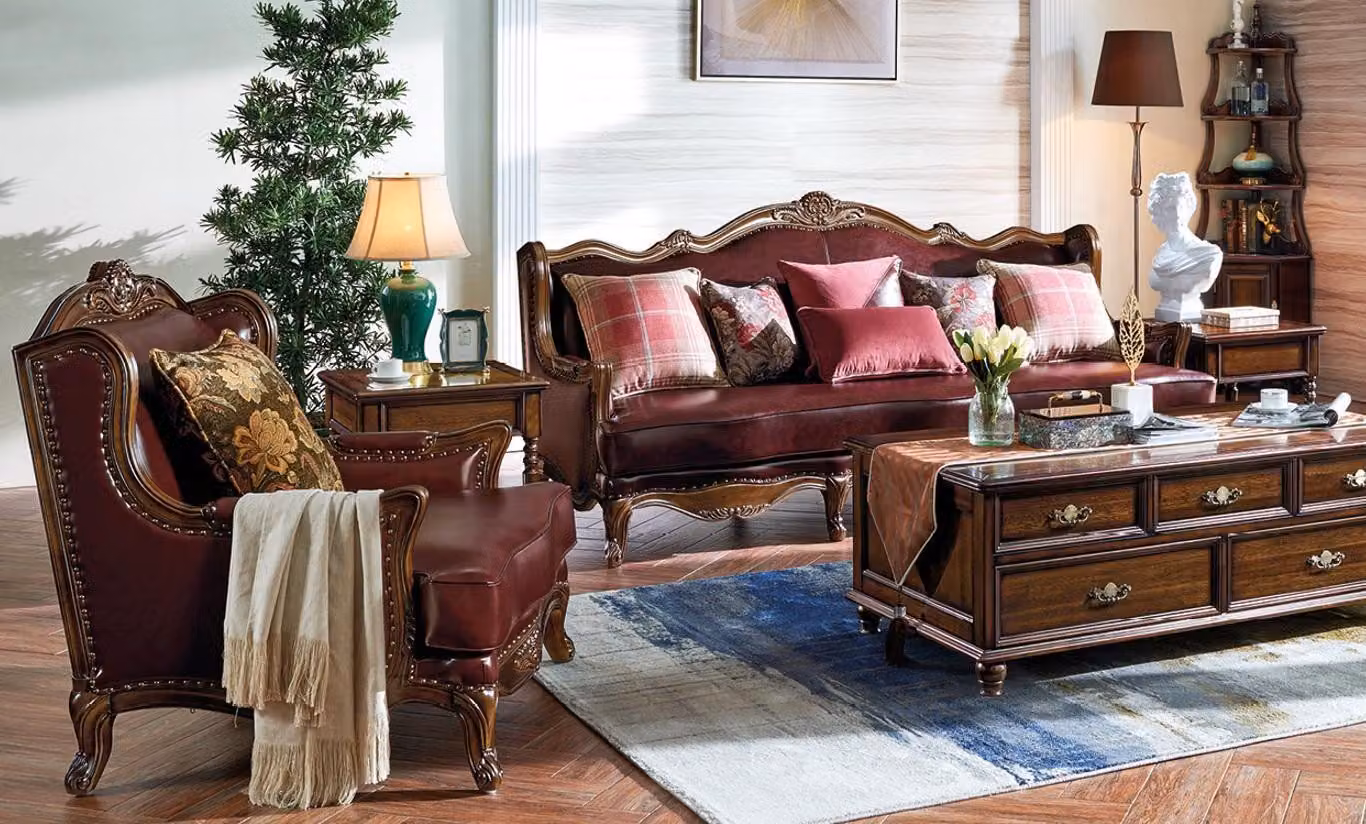 Klassische Ledergarnitur Chesterfield Barock Rokoko Möbel Couch Sofagarnitur 3+1