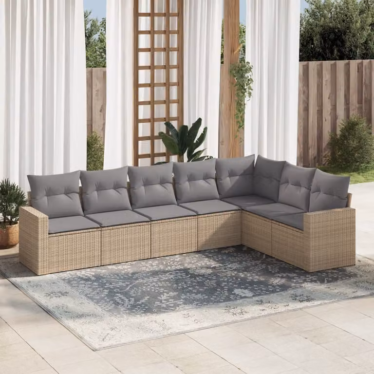 vidaXL Set Divani da Giardino 7 pz a Forma a L con Cuscini Beige e Struttura in Metallo e Polyrattan