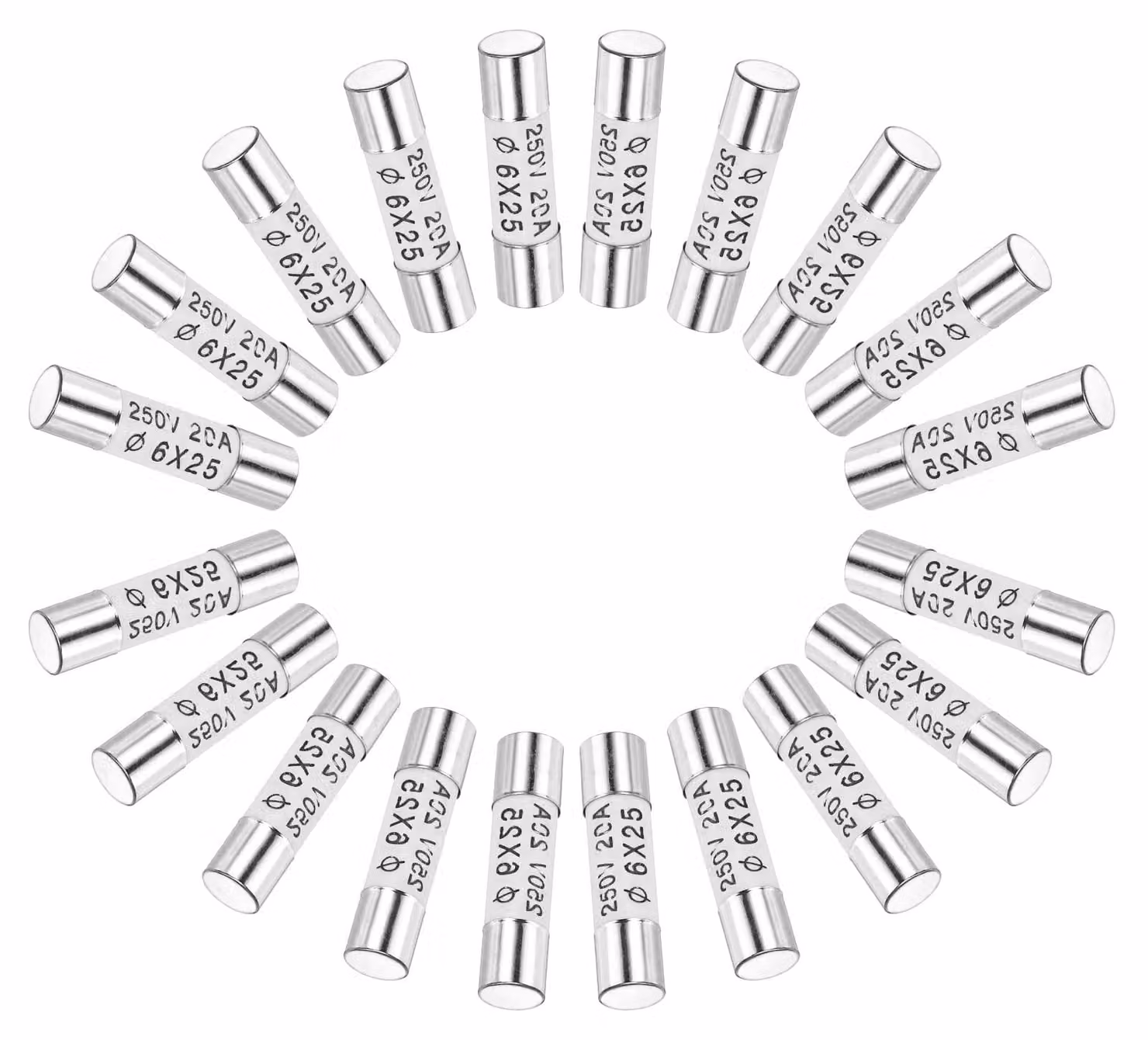 Fusibili ceramici, 20 A, 250 V, 6 x 25 mm, fusibili ceramici a fusione rapida, adatti per amplificatori, alimentatori, dispositivi a risparmio energetico, lampade, tempo di intervento: 20 secondi