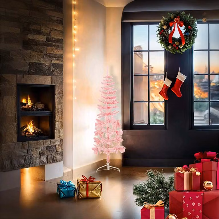 vidaXL Albero Natale Artificiale Sottile a Metà e Supporto Rosa 120 cm