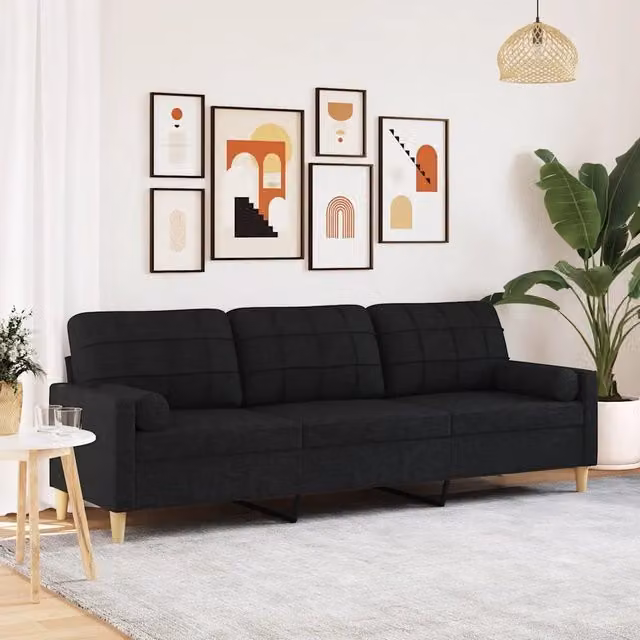 Divano a 3 Posti con Cuscini-Sofa 3 Posti con Cuscini Nero 210 cm in Tessuto