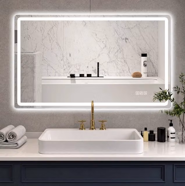 Specchio LED da bagno 120x60x2,9 cm in vetro e metallo argentato, antiappannamento –